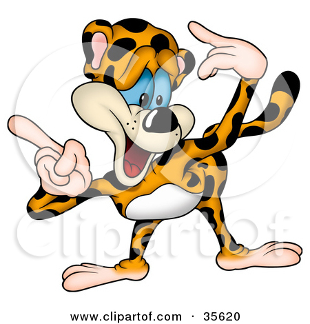 Goofy Leopard Bending Forward And Pointing To The Left With Both Hands