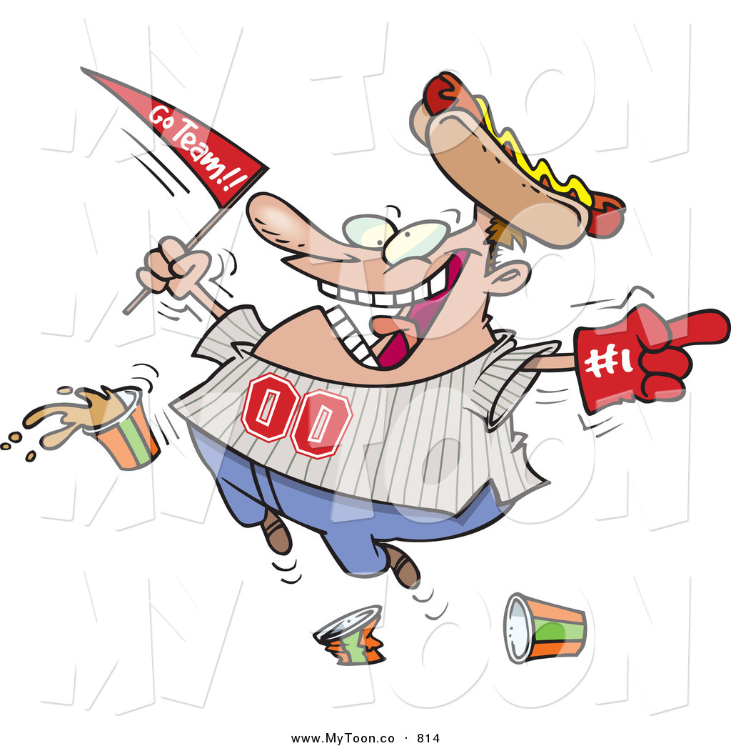 Goofy Male Baseball Fan With A Hot Dog Hat Flag Hand And Drinks By