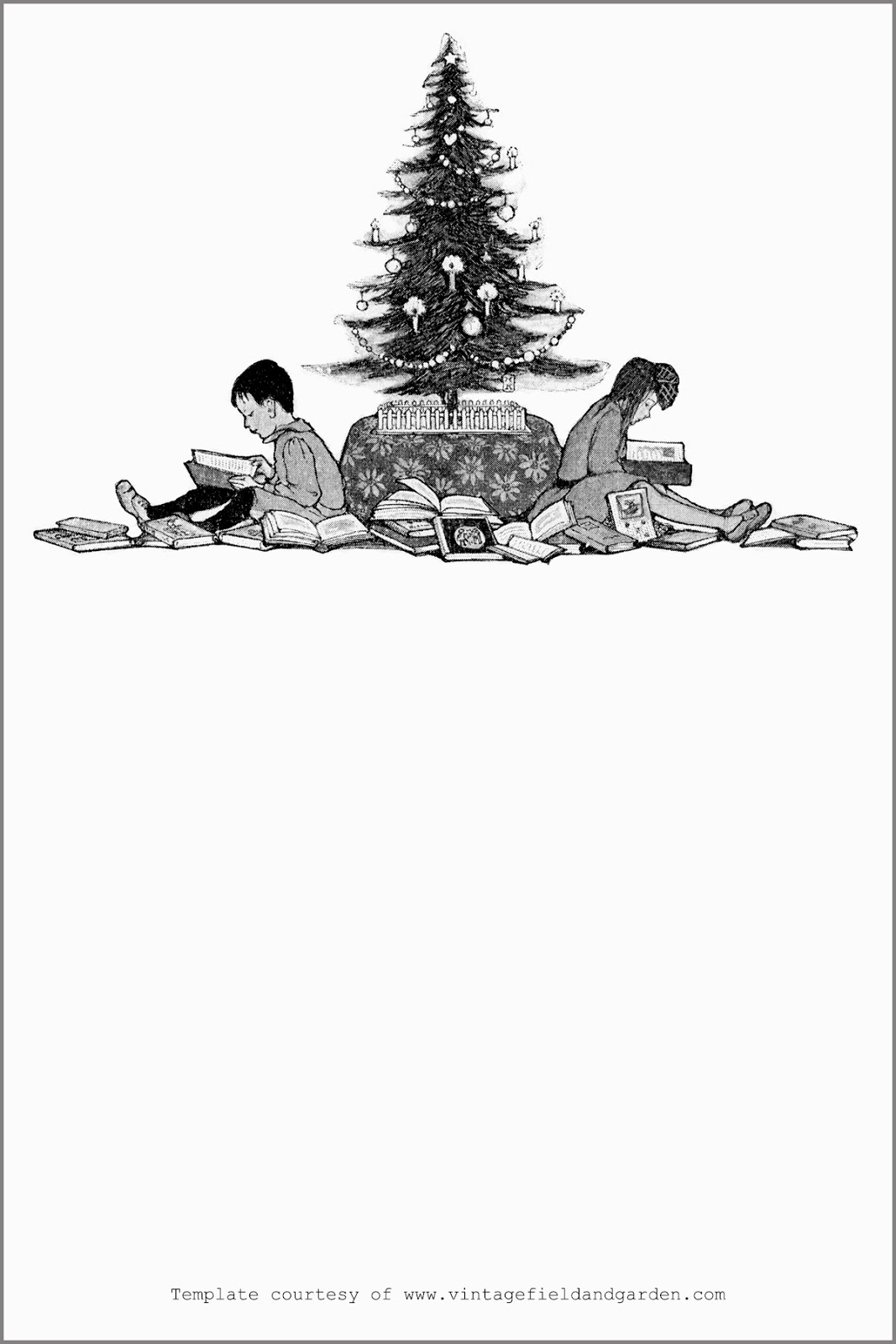 Illustrated Template  1913 Children Reading Under A Christmas Tree
