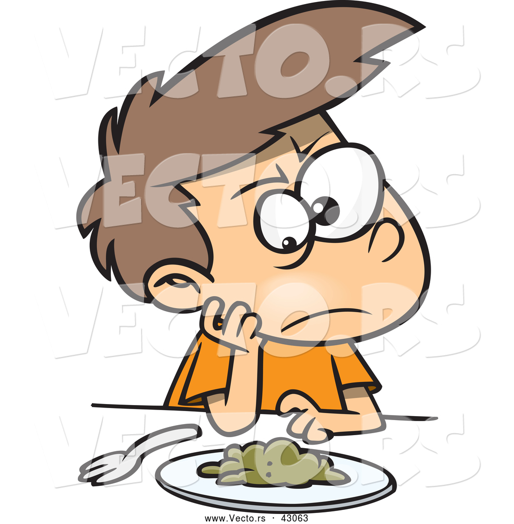Mad Cartoon Boy Sitting At A Dinner Table With A Pile Of Greens On His    