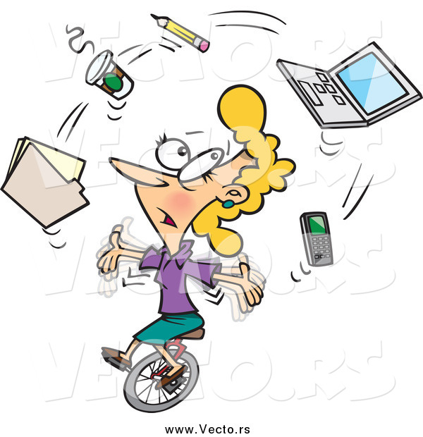 Of A Cartoon Busy Businesswoman Juggling Office Items On A Unicycle