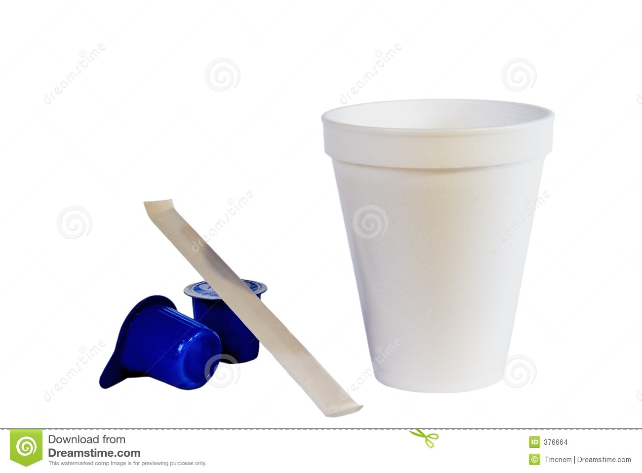 Styrofoam Coffe Cup Creamers And Stir Stick Isolated On White 
