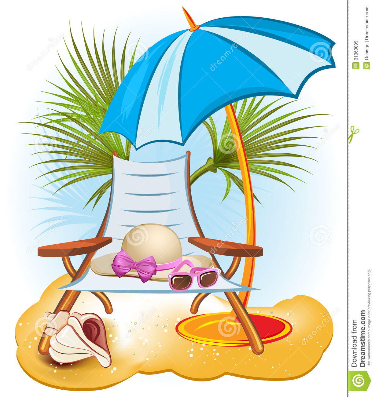 Beach Chair Umbrella Hat Sunglasses And Seashell