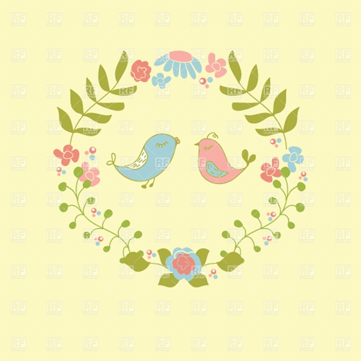Wedding Invitation Or Greeting Card With Cute Floral Wreath And Birds