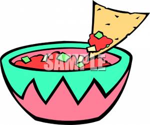 Salsa With A Tortilla Chip Scooping Some Out   Royalty Free Clipart