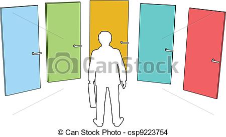 Business Person Chooses Among Door Five Colors Choices To Enter Future
