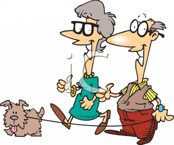 Elderly Couple Walking Their Dog   Royalty Free Clipart Image