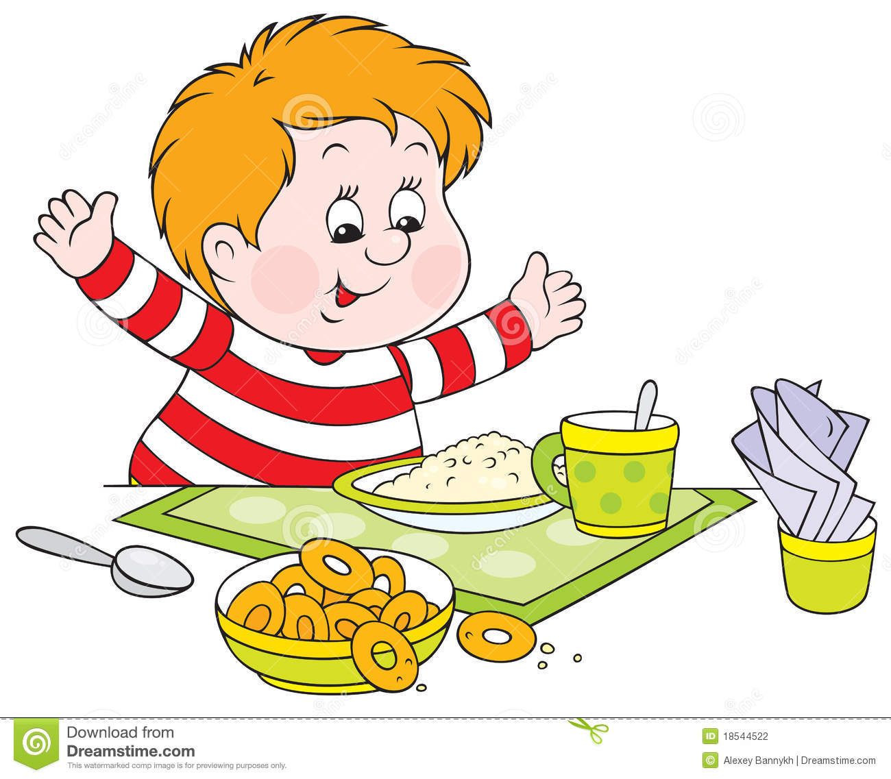 Vector Clip Art Of A Cheerful Boy With Fat Cheeks At The Dinner Table