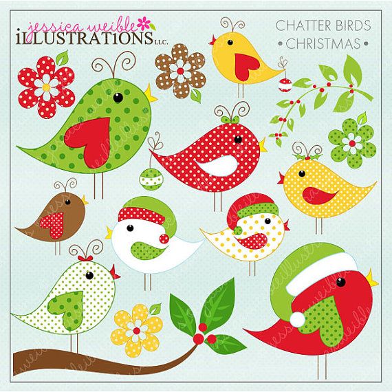 Christmas Chatter Birds Cute Digital Clipart For Card Design
