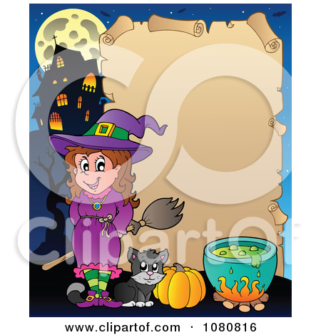 Clipart Halloween Witch Cat And Potion Parchment Sign   Royalty Free    