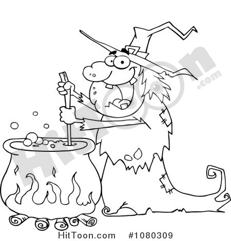 Clipart Outlined Warty Halloween Witch Stirring A Potion In A Cauldron    