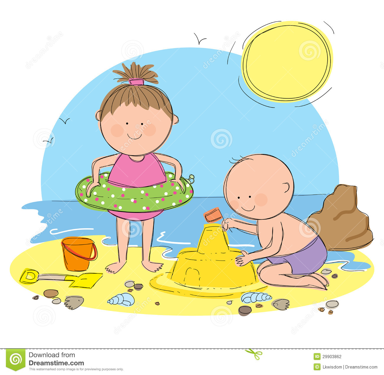 Hand Drawn Picture Of Children Playing On The Beach  Illustrated In A