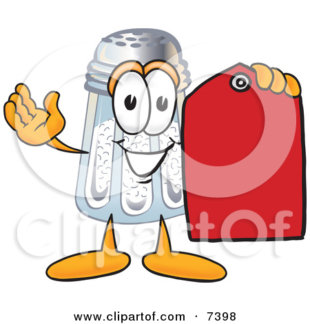 Salt Shaker Mascot Cartoon Character Holding A Red Sales Price Tag