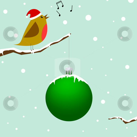 Singing Christmas Bird Stock Vector Clipart Red Robin Sitting On A