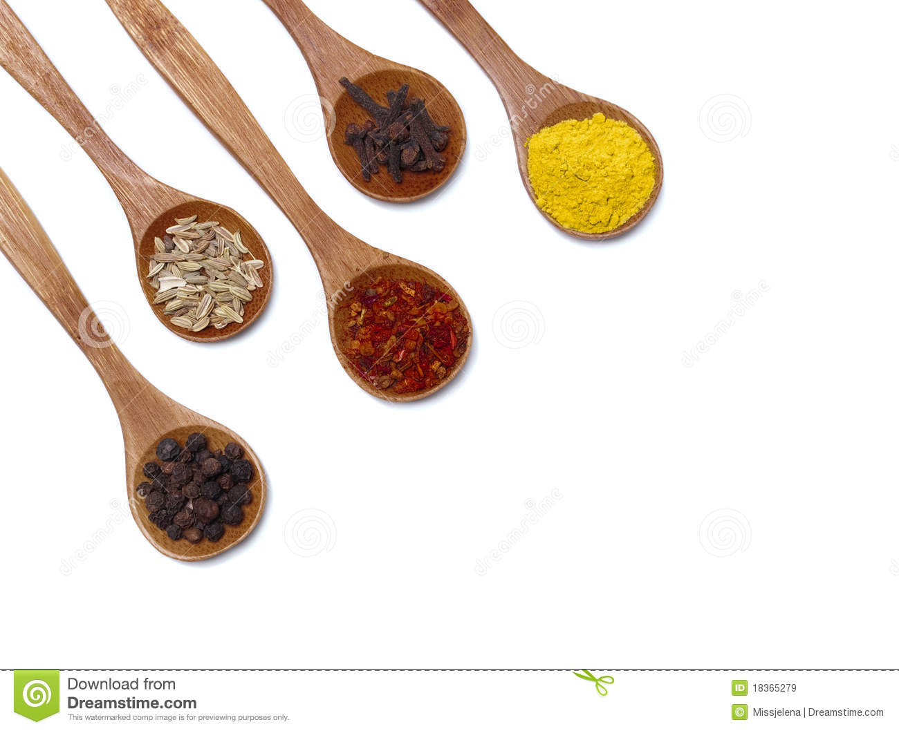 Various Of Spices In Wooden Spoon Isolated Over White