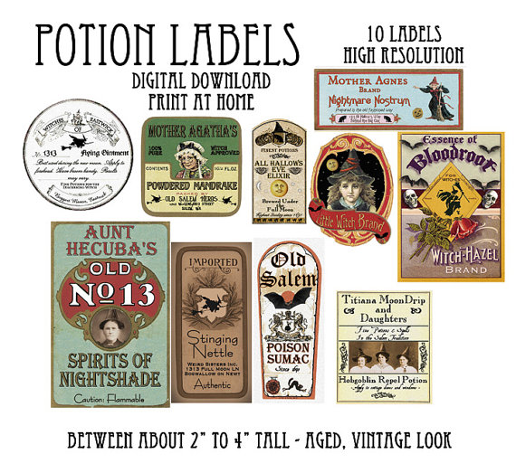 Vintage Halloween Witch Potion Bottle Labels Digital Download    