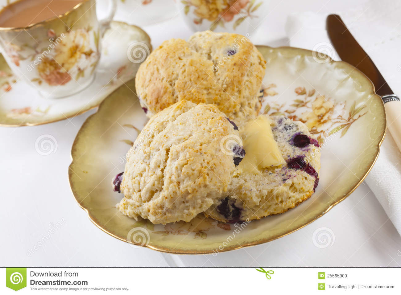 Blueberry Scones With Butter And A Cup Of Tea Stock Photo   Image