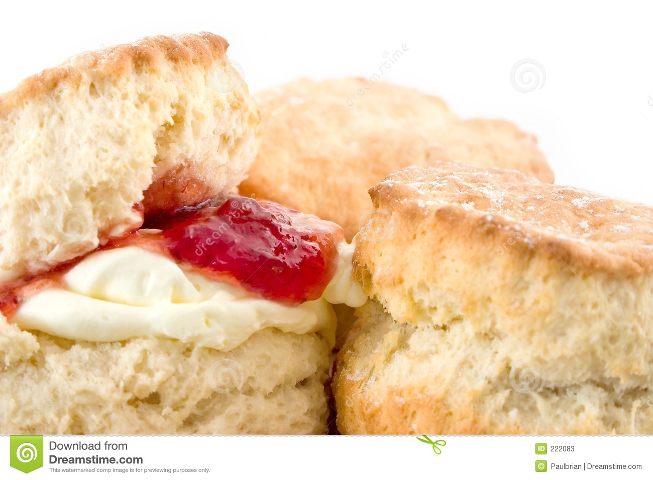Delicious Fresh Baked Scones With Jam   Cream On White Background 
