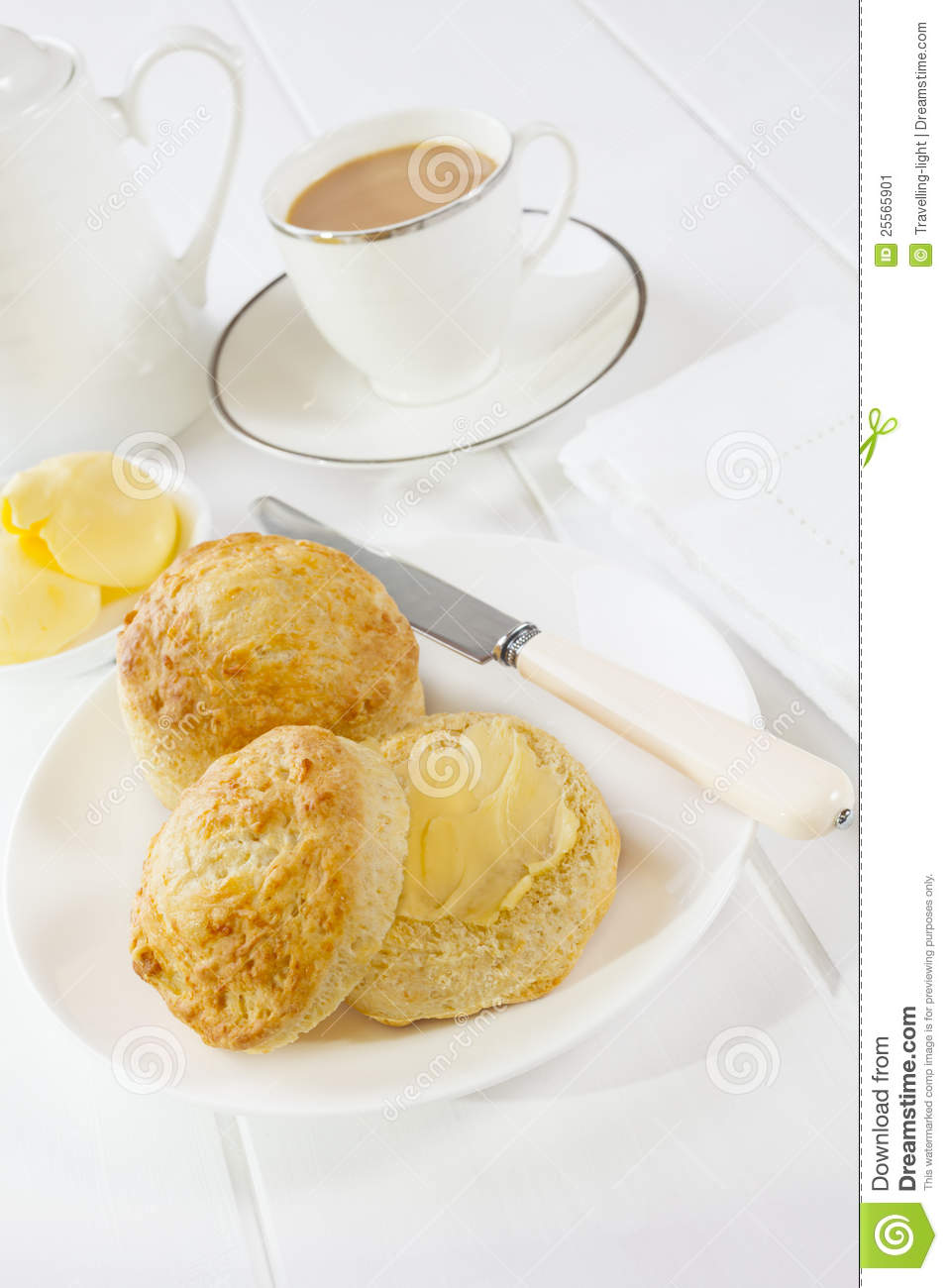 Fresh Homemade Cheese Scones With Butter And A Cup Of Tea
