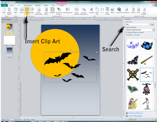 Searching For And Inserting Clip Art Of Bats Onto Page In Microsoft