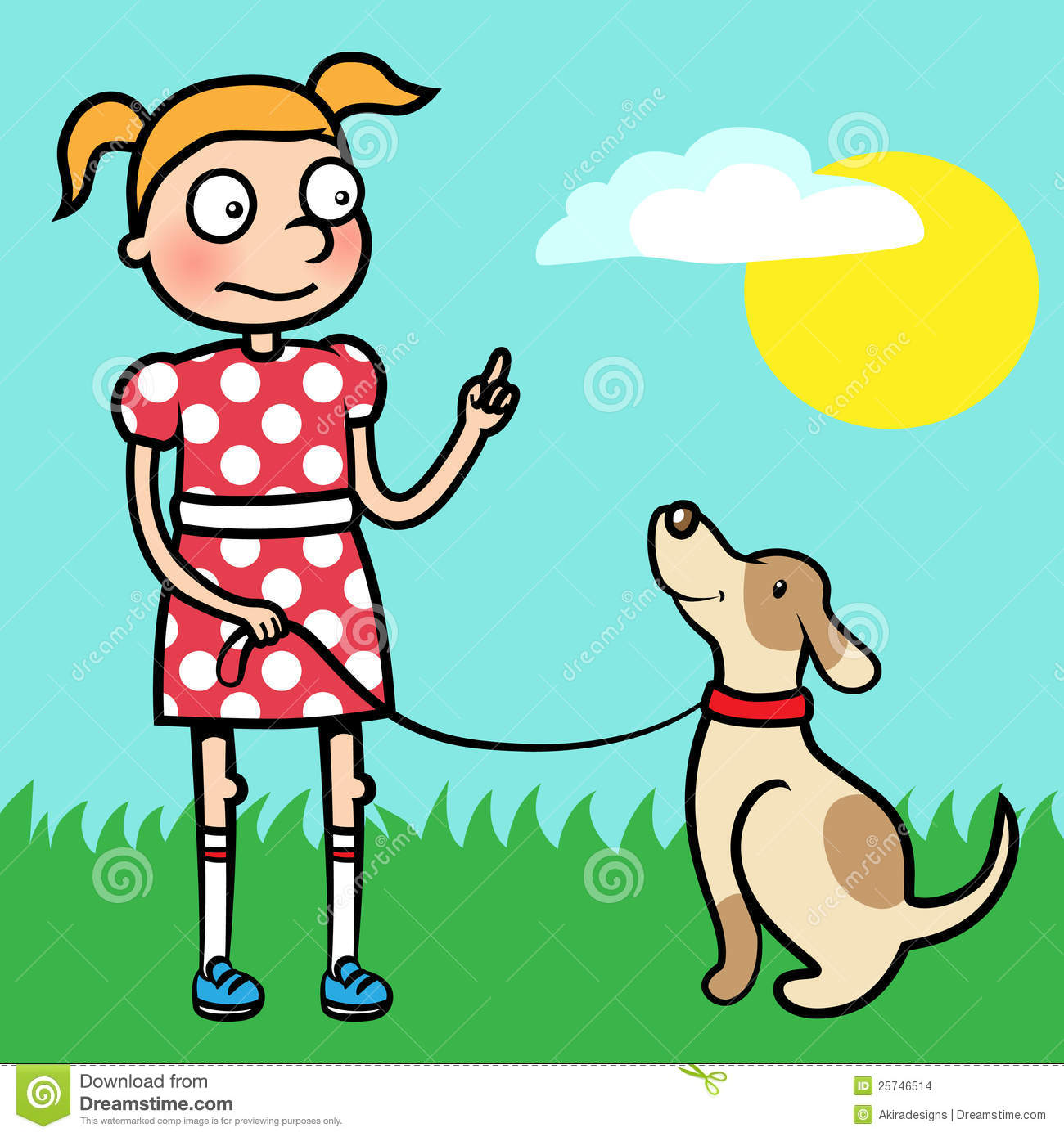 Cartoon Vector Illustration Of A Young Girl Training Obedience With