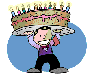 Clip Art Image Of A Waiter In Arestaurant Holding A Huge Birthday Cake