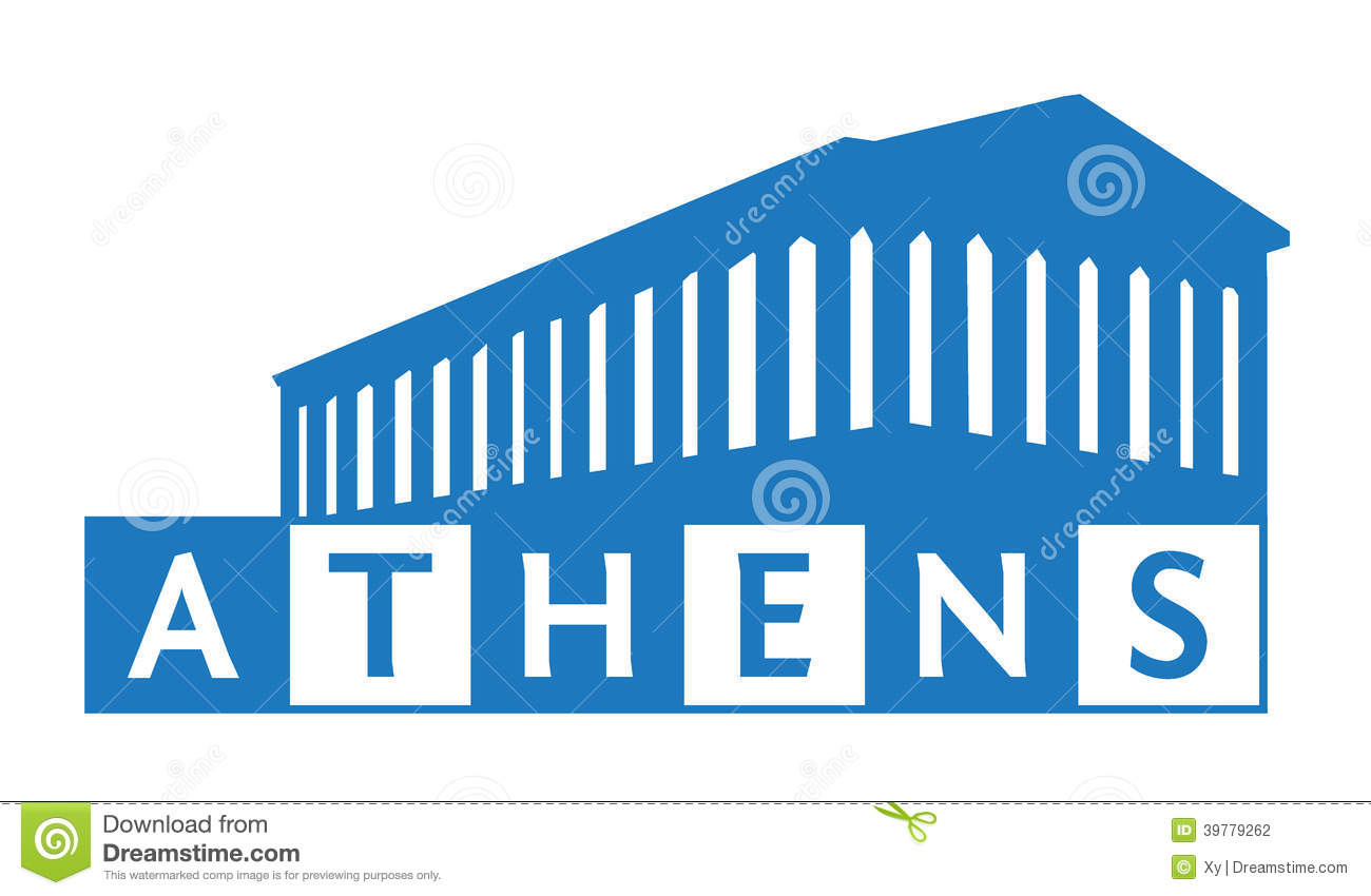 Illustration Of A Blue And White Athens Sign With The Acropolis
