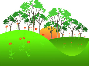 Flora Clipart Image   Small Red Flowers On A Green Hill At Sunrise