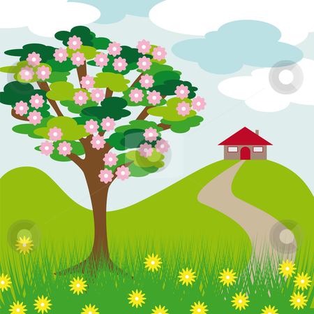 Tree Hill And House Stock Vector Clipart Pink Blossom Tree Hill