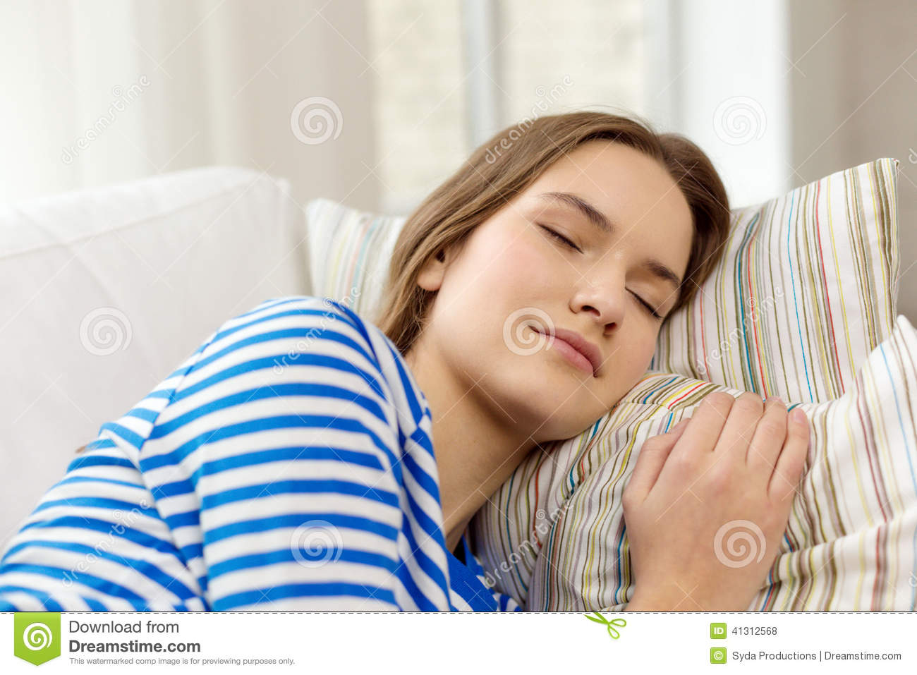 And Happiness Concept   Smiling Teenage Girl Sleeping On Sofa At Home