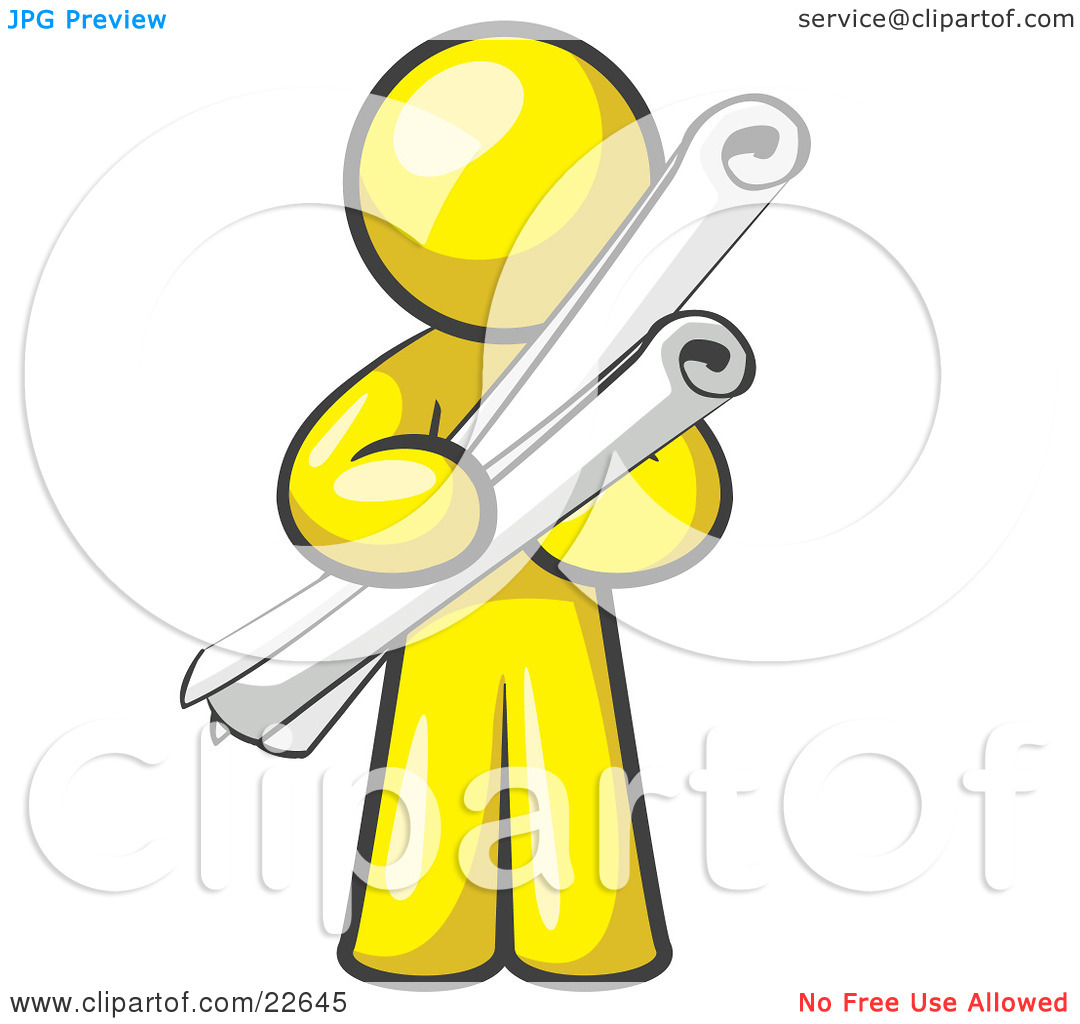 Clipart Illustration Of A Yellow Man Architect Carrying Rolled Blue