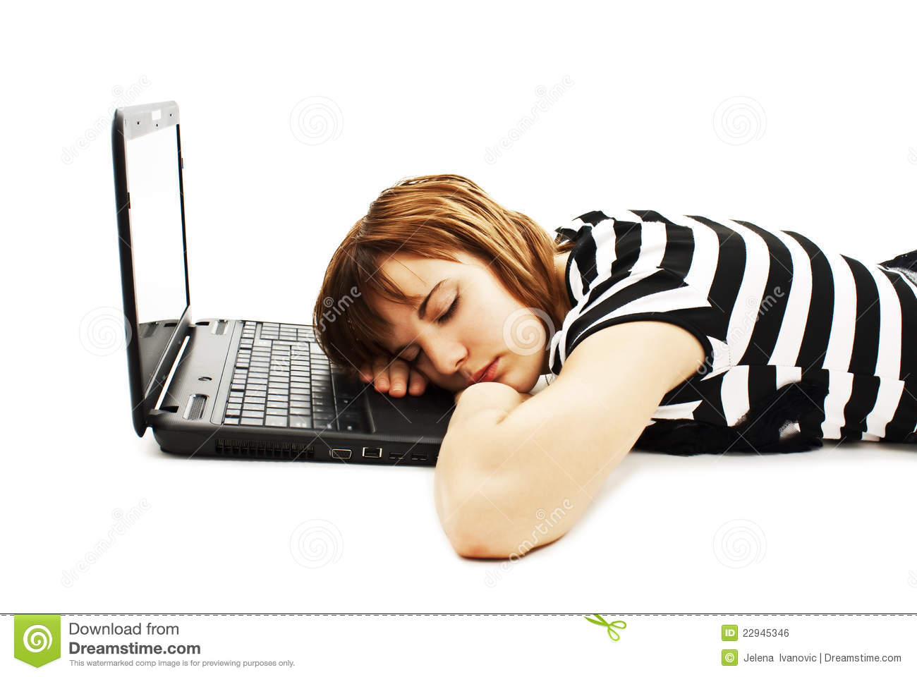 Cute Teenage Girl Sleeping On Her Laptop Computer Royalty Free Stock