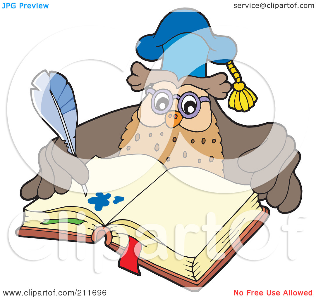 Rf  Clipart Illustration Of An Owl Teacher Writing In An Open Book