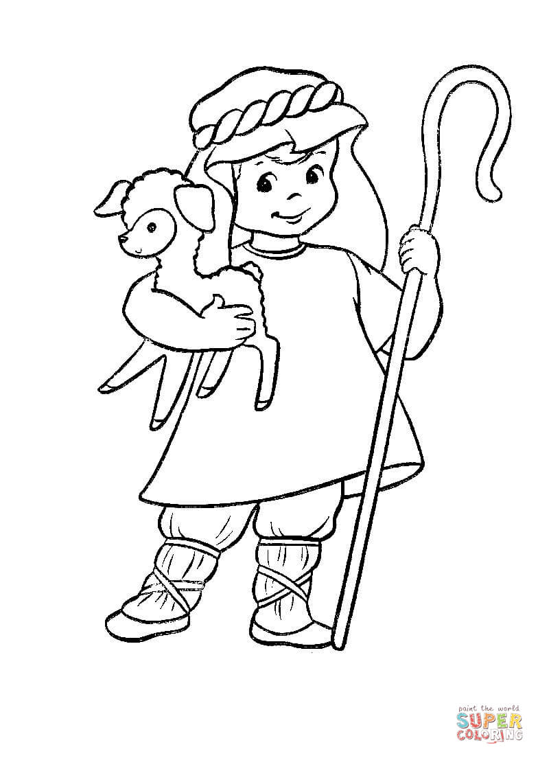 Shepherd With A Lamb In His Hands Coloring Page   Supercoloring Com