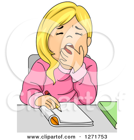 Tired Blond White School Girl Yawning While Writing At Her Desk