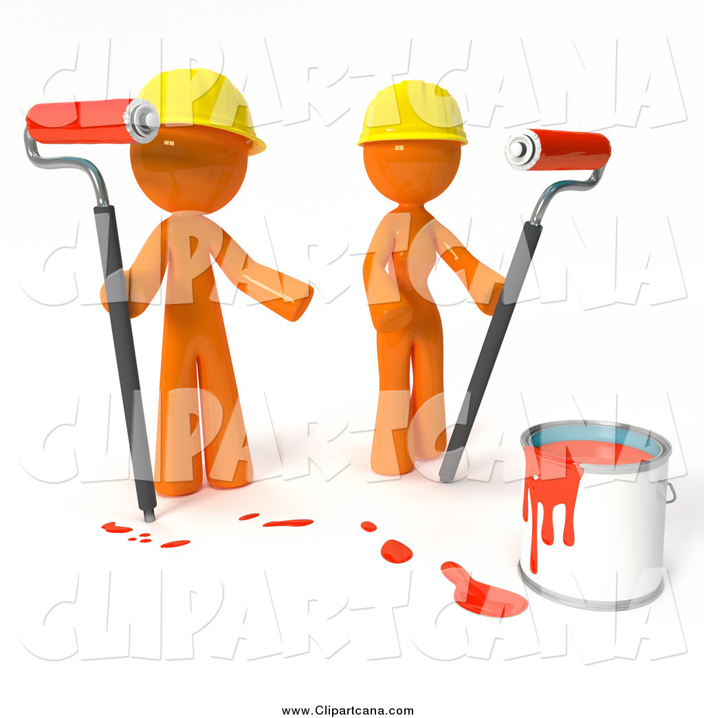 Clip Art Of 3d Orange Professional Painters With A Bucket Of Red Paint