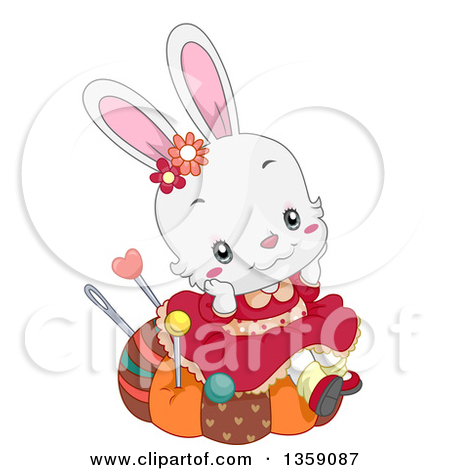 Clipart Of A Happy Brunette White Girl Carrying Fabric And A Sewing