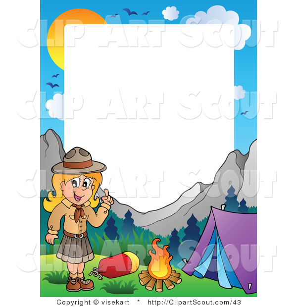 Clipart Of A Scout Girl Frame Showing A Girl Camping In The Mountains    
