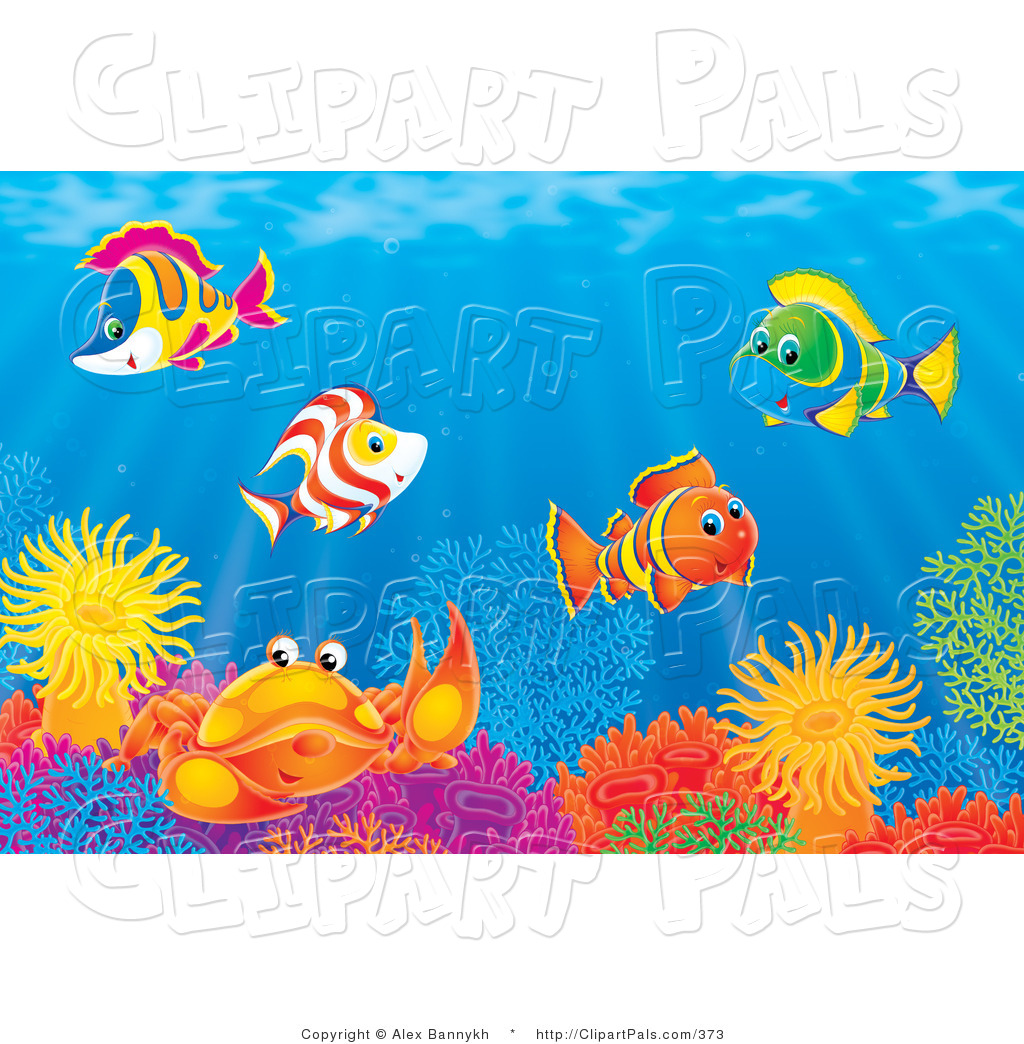 Colorful Tropical Fish And A Crab Socializing At A Colorful Coral Reef