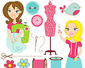 Cute Digital Clipart Sewing Clipart Sewing Graphics Woman Sewing
