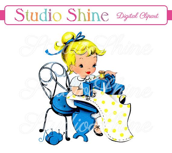 Digital Clipart   Girl Sewing   Printable Image Cute Little G