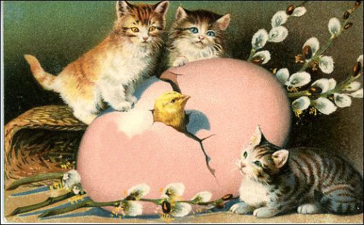 Free Vintage Easter Clip Art Pink Egg Three Tabby Kittens