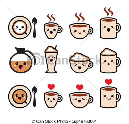 Vector Clipart Of Cute Coffee Kawaii Icons   Coffee Icons Set Isolated