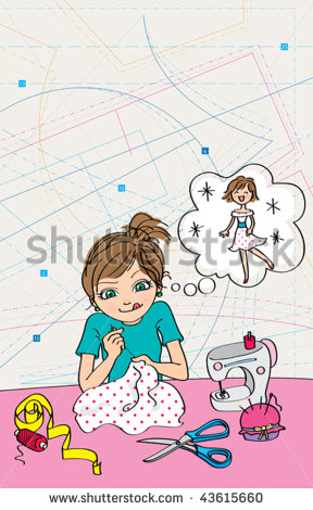 Vector Illustration Of A Cute Girl Sewing A Pretty Dress For Herself