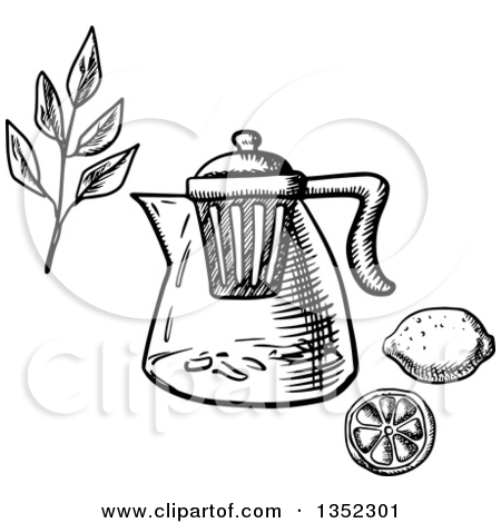And White Sketched Teapot With Infuser Strainer Tea Branch And Lemon
