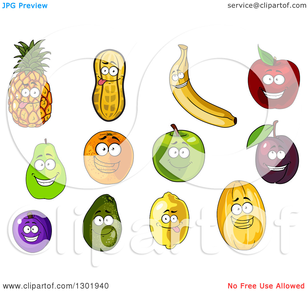 Clipart Of Cartoon Pineapple Peanut Banana Apple Pear Orange    