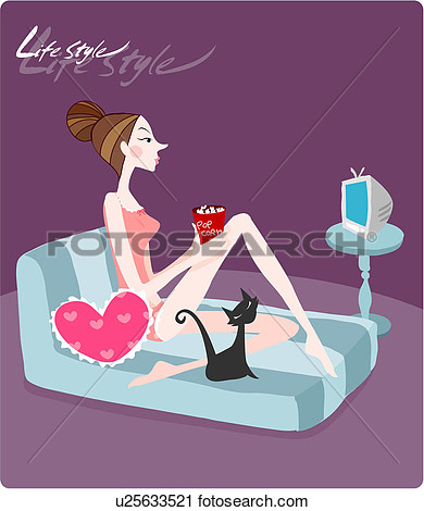 Clipart   Young Woman Bed Leisure Tv Cat Lifestyle  Fotosearch