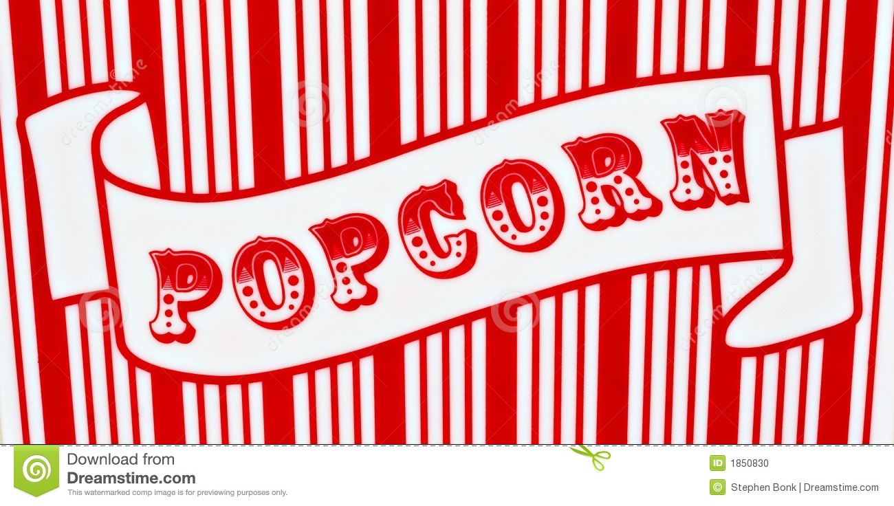 Red And White Popcorn Sign On Red And White Striped Background