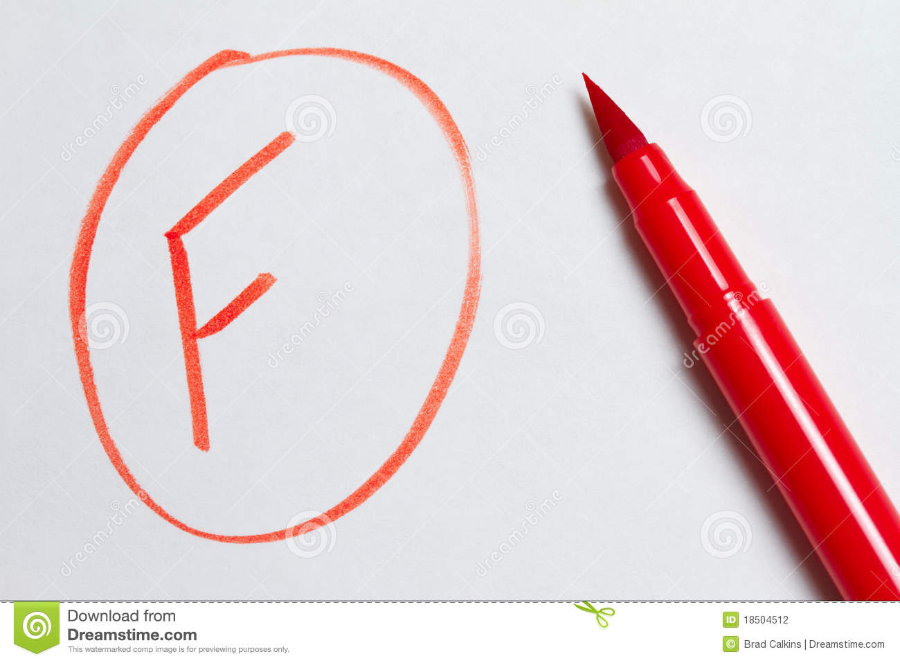 Red Marking Pen And F For Failing Grade On School Paper