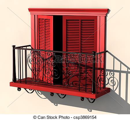 3d Visualisation Of Red Painted Balcony With Partially Opened Doors In